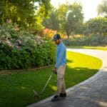 gardener maintaining park in dubai sunshine