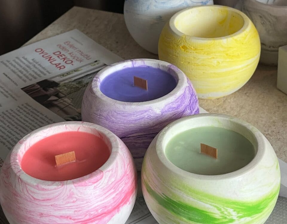 colorful marble candles on a tabletop